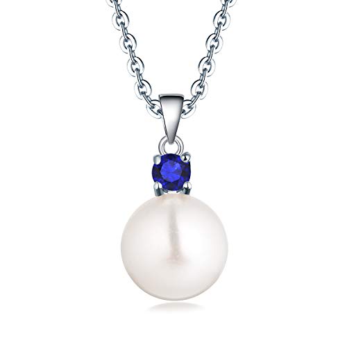 JO WISDOM Damen Perlen Kette Silber 925,Halskette Anhänger 10mm Weiß Süßwasserperle mit 3A Zirkonia September Geburtsstein Saphir Farbe,Schmuck für Frauen von JO WISDOM