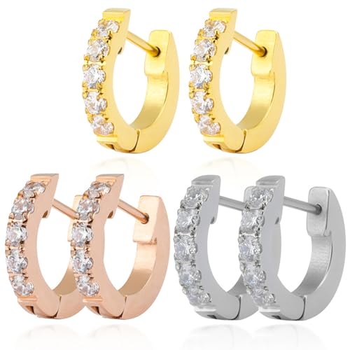 JOATVEE 3 Paar Titanium Stahl Cubic Zirkonia Hoop Ohrringe für Frauen Hypoallergene Kleine Hoops Ohrringe für Mädchen Schmuck Geschenke CZ Ohrringe von JOATVEE