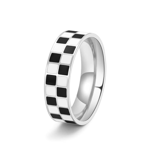JOATVEE 6mm Titanium Stahl Ringe Schwarz Weiß Schachbrett Bands Knuckle Aussage Zeiger Finger Poliert Ring Komfort Fit Größe 6-11 von JOATVEE