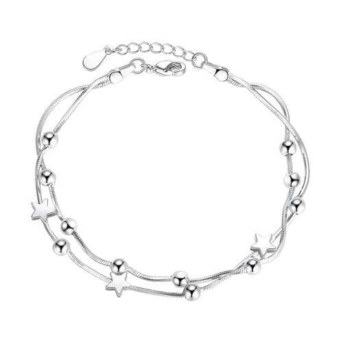 JOATVEE Armband Damen Silber 925 Double Kette Layer mit Stern Matt Polieren Perlen Verstellbares Armband, Geburtstag Geschenk für Freunde, Schwestern, Mütter Mädchen von JOATVEE