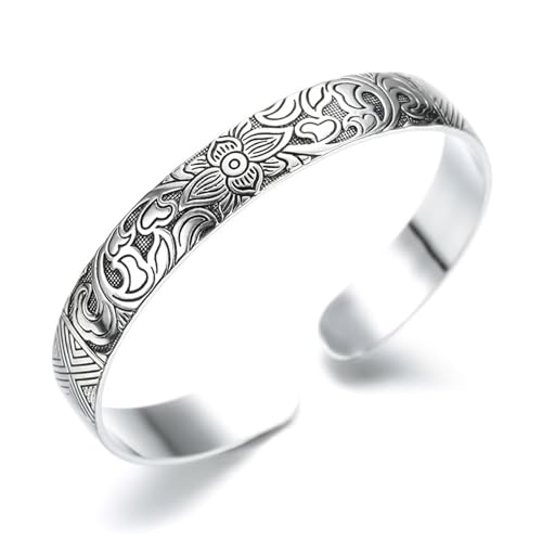 JOATVEE Armreif Silber 925 Damen 10mm Vintage Gravierte Lotusblume Offene Armreif Schmuck Für Mutter und Ehefrau von JOATVEE