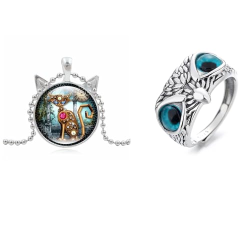 JOATVEE Cat Time Edelstein Anhänger Halskette Mechanische Katze Uhr Muster Pullover Kette Blaue Augen Eule Ring Retro Open Ring Einstellbar Personalisierte Gothic Schmuck von JOATVEE