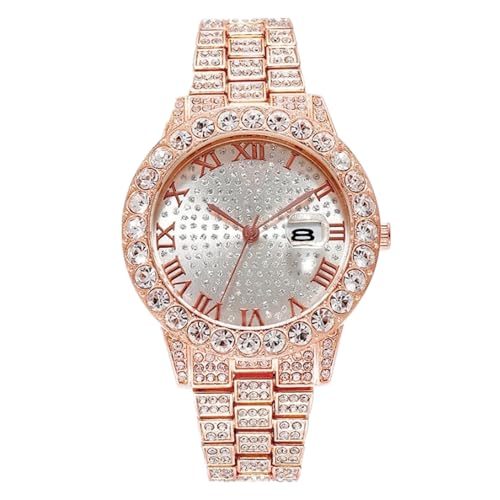 JOATVEE Damen Diamant Armband mit Römischen Ziffern Vollständig Iced Out Zifferblatt Daten Analog Quarz Armbanduhr Edelstahlarmband von JOATVEE