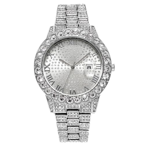 JOATVEE Damen Diamant Armband mit Römischen Ziffern Vollständig Iced Out Zifferblatt Daten Analog Quarz Armbanduhr Edelstahlarmband von JOATVEE