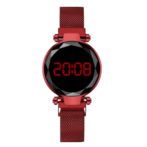 JOATVEE Elektronische Damenuhr rote LED Digitalanzeige Mode Armbanduhr mit Metall Mesh Band Magnetverschluss von JOATVEE
