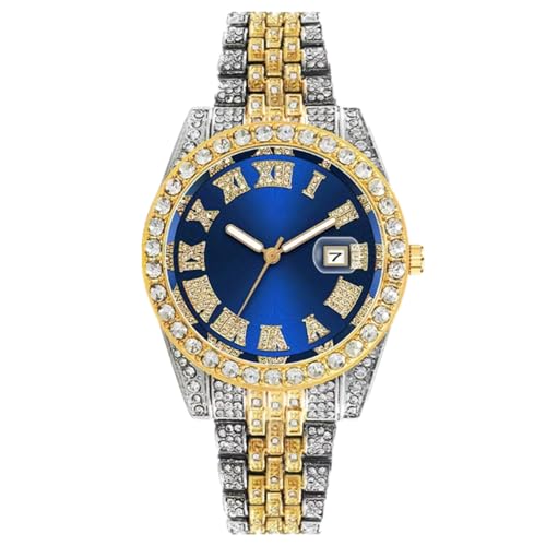 JOATVEE Herren Hip Hop Uhr mit römischer Skala Kalender Kristall Strass Uhren Edelstahl Iced-Out Armbanduhr von JOATVEE