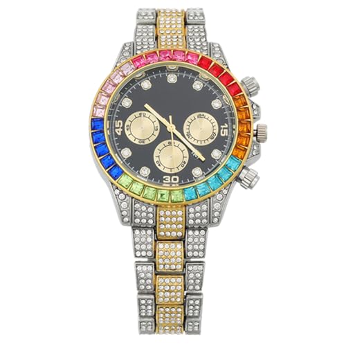 JOATVEE Luxus Bling-ed Out Buntes Zifferblatt Voll Diamant Hip Hop Rocks Uhren Mode Quarz Analog Edelstahl Armband Armbanduhr von JOATVEE