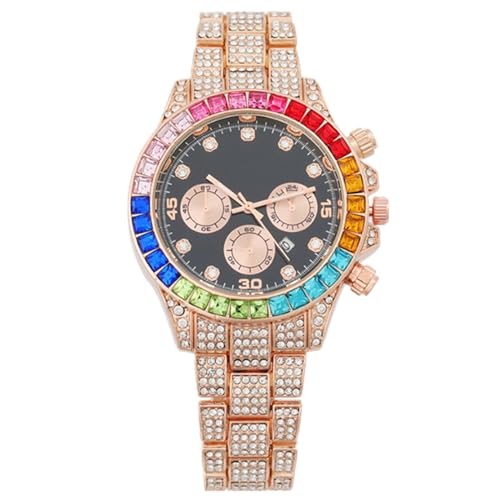 JOATVEE Luxus Bling-ed Out Buntes Zifferblatt Voll Diamant Hip Hop Rocks Uhren Mode Quarz Analog Edelstahl Armband Armbanduhr von JOATVEE