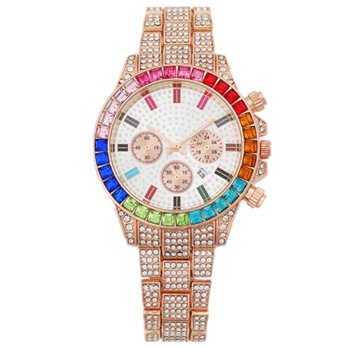 JOATVEE Multicolour Diamond Watch, Chronograph mit Datum Regenbogen Baguette 41mm Zifferblatt Analog Quarz Damen Edelstahl Strass Uhr von JOATVEE