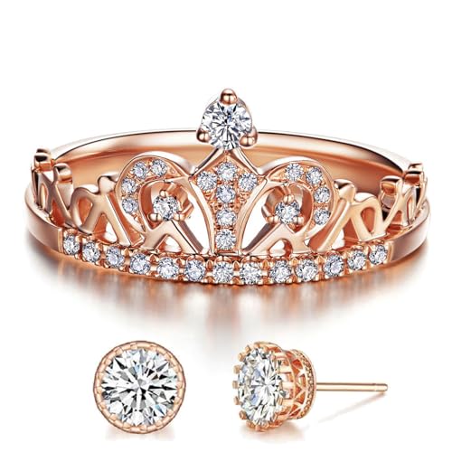 JOATVEE Prinzessin Königin Krone Ringe für Frauen Cubic Zirkonia Ohrringe Set Mädchen Eternity Heart-Shaped Promise Ring Zirkon-Schmuck Geschenk für Sie Größe 5-9 von JOATVEE