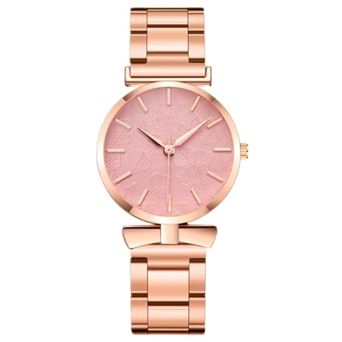 JOATVEE Uhr Rosegold Damen Blattmuster Zifferblatt Analog Quarz Bowtie Edelstahlarmband Freizeituhr von JOATVEE