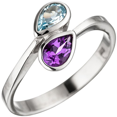 Jobo Damen-Ring aus 925 Silber mit Amethyst und Blautopas Tropfen Größe 54 von Jobo