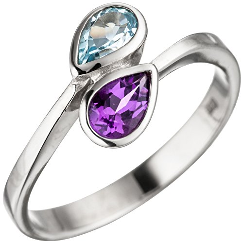 Jobo Damen-Ring aus 925 Sterling Silber mit Amethyst und Blautopas Tropfen Größe 54 von Jobo