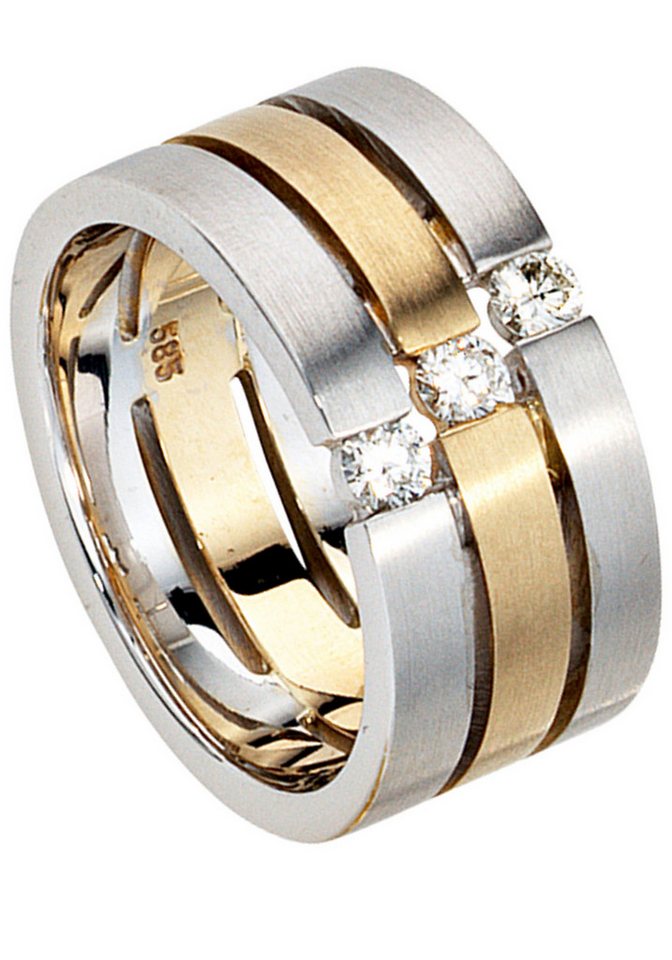 JOBO Diamantring Ring 3-reihig breit Statement, 585 Gold bicolor matt mit 3 Diamanten von JOBO