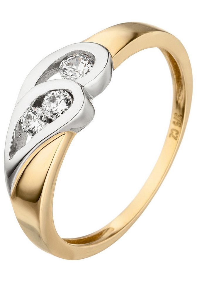 JOBO Goldring Ring Damenring, 375 Gold bicolor mit 3 Zirkonia von JOBO