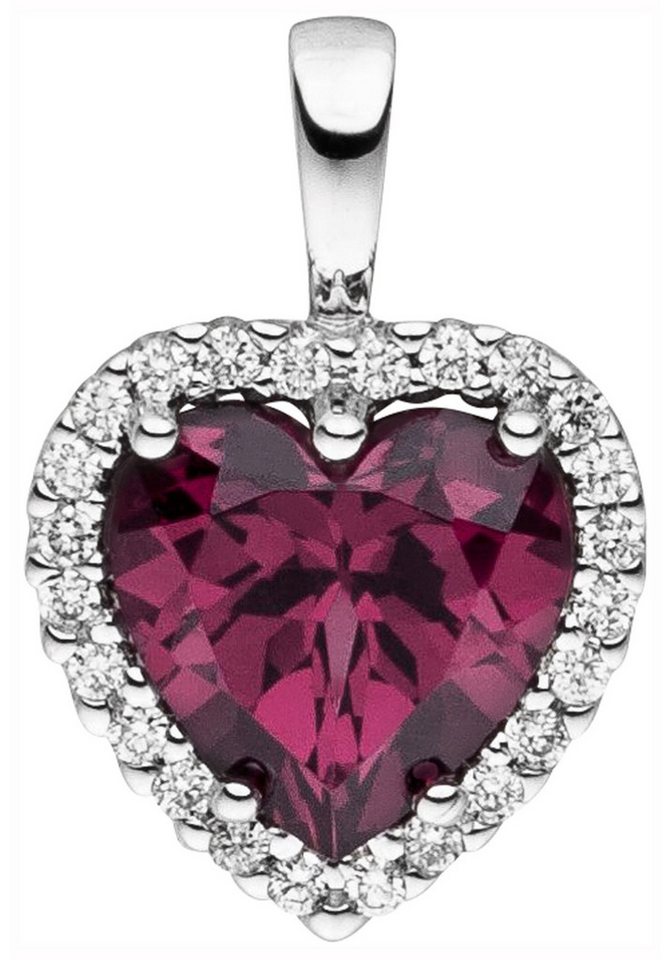 JOBO Kettenanhänger Anhänger Herz Weißgoldherz 14 mm, 14 Karat 585 Weißgold mit Rhodolith 24 Diamanten von JOBO