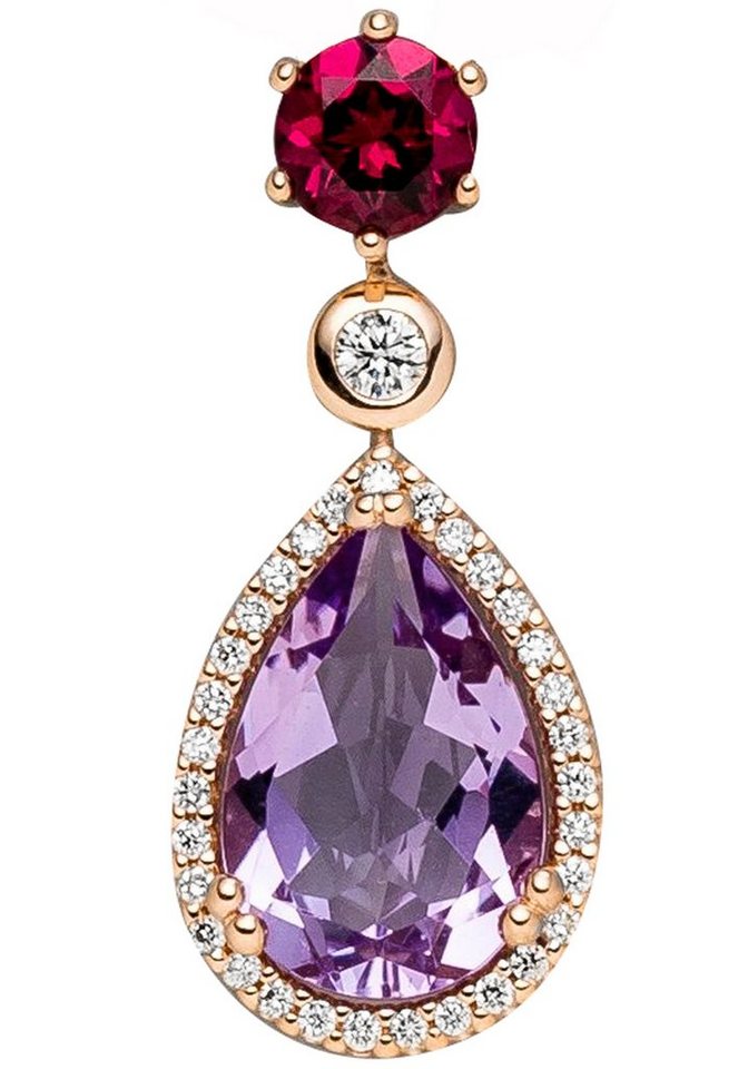 JOBO Kettenanhänger Anhänger Roségoldanhänger Tropfen 19 mm, 14 Karat 585 Roségold mit Amethyst Rhodolith Diamanten von JOBO
