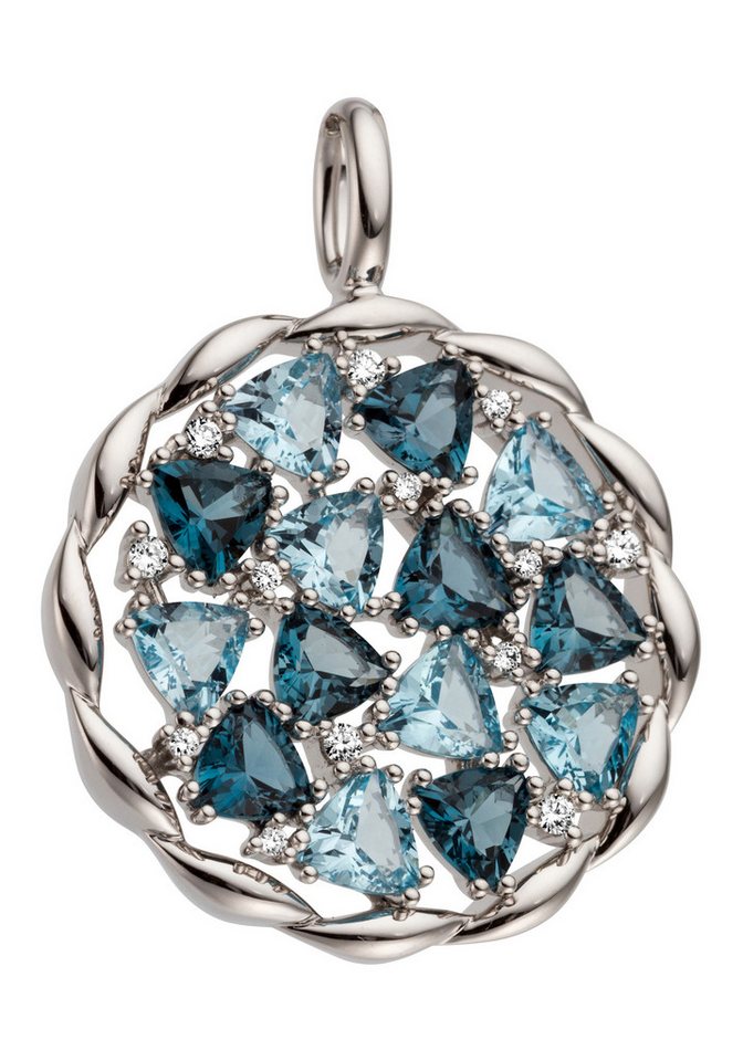 JOBO Kettenanhänger Anhänger Weißgoldanhänger rund 22 mm, 14 Karat 585 Weißgold mit Blautopas und Diamant von JOBO