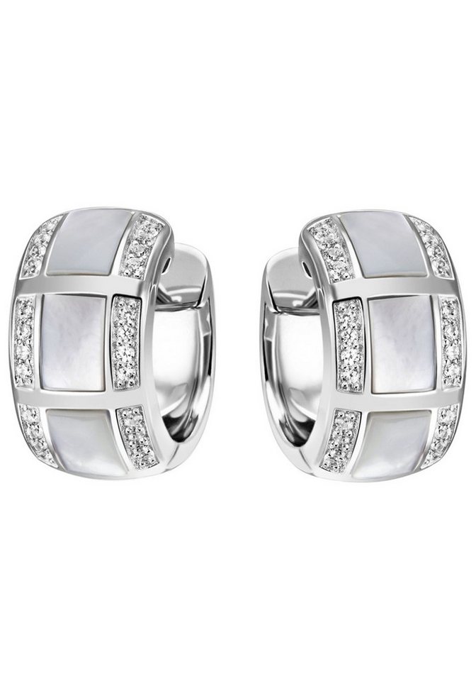 JOBO Paar Creolen Ohrringe Silberohrringe 16 mm, 925 Silber rhodiniert mit Perlmutt und Zirkonia von JOBO