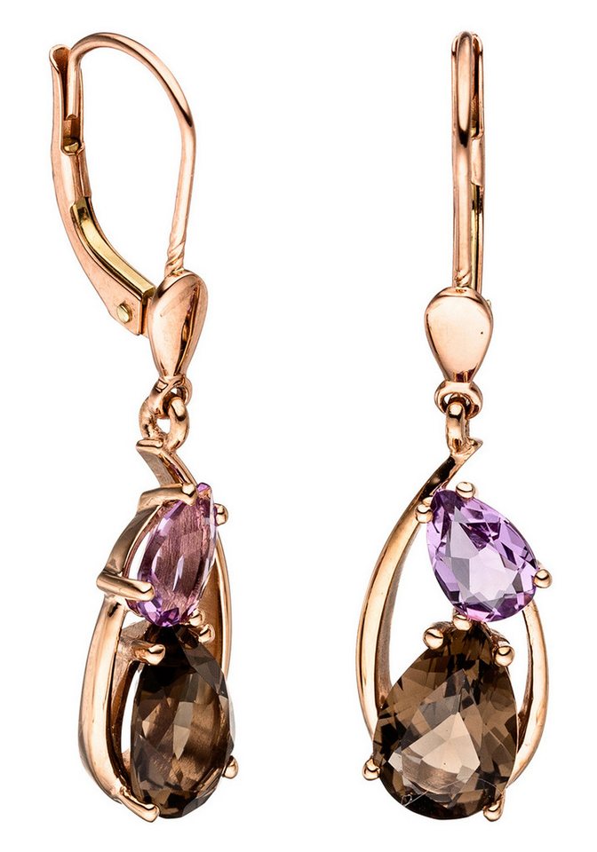 JOBO Paar Ohrhänger Ohrringe Roségoldohrringe 31 mm lang, 585 Roségold mit Amethyst und Rauchquarz von JOBO