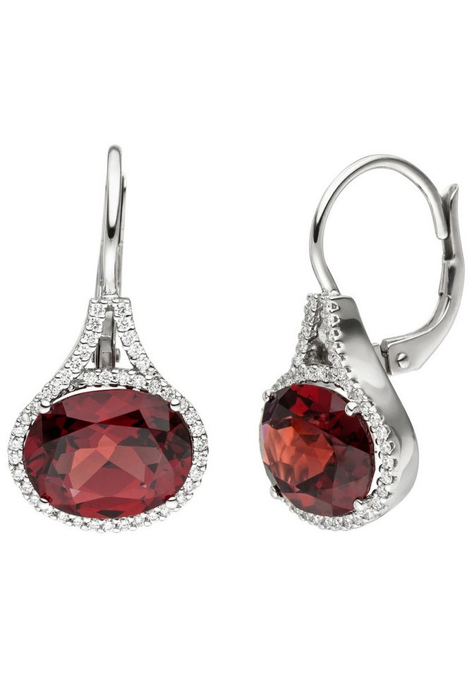 JOBO Paar Ohrhänger Ohrringe Weißgoldohrringe Tropfen 22 mm, 585 Weißgold mit Granat und 88 Diamanten von JOBO