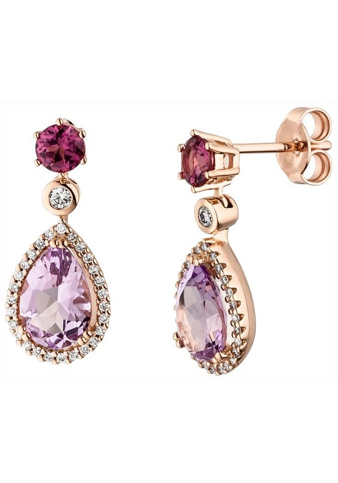 JOBO Paar Ohrstecker, 585 Roségold mit Amethyst Rhodolith 56 Diamanten von JOBO