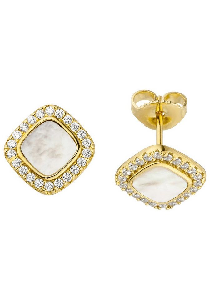 JOBO Paar Ohrstecker, 925 Sterling Silber vergoldet mit Perlmutt-Einlagen 44 Zirkonia von JOBO