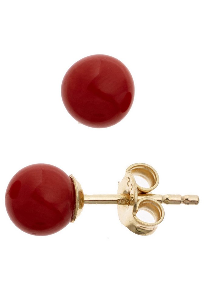 JOBO Paar Ohrstecker Kugel Ohrringe 6 mm rot, 333 Gold mit Koralle von JOBO