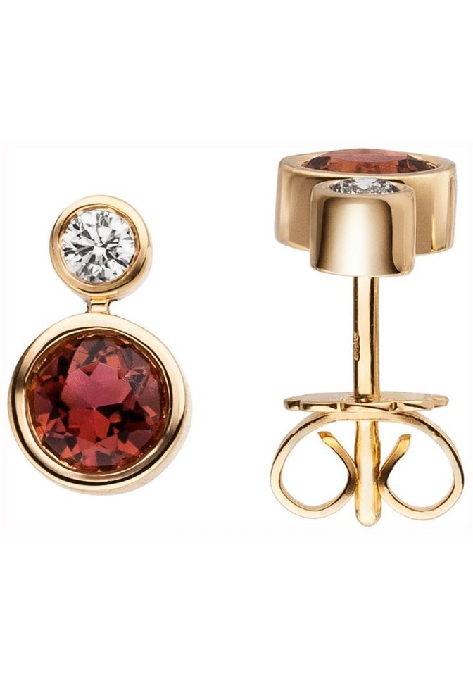 JOBO Paar Ohrstecker Ohrringe Goldohrringe 10 mm, 585 Gold mit Rubellit und Diamant von JOBO