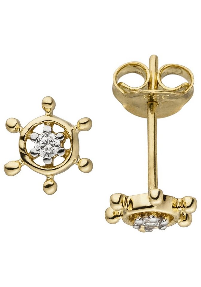 JOBO Paar Ohrstecker Ohrringe Goldohrringe Steuerrad 7 mm, 333 Gold bicolor mit 2 Zirkonia von JOBO