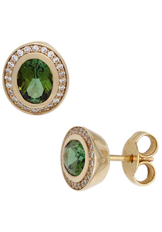 JOBO Paar Ohrstecker Ohrringe Goldohrringe oval 10 mm, 585 Gold mit Turmalin und 48 Diamanten von JOBO