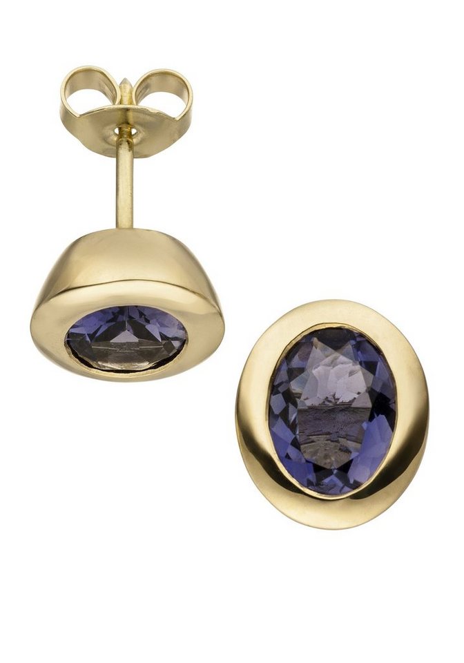 JOBO Paar Ohrstecker Ohrringe Goldohrringe oval 11 mm, 585 Gold mit Iolith von JOBO