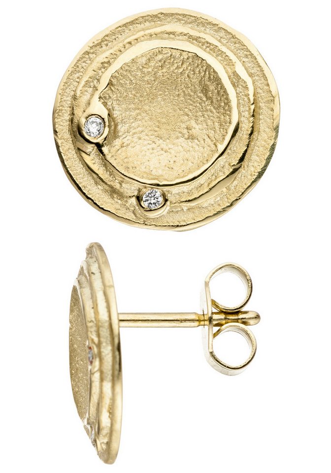 JOBO Paar Ohrstecker Ohrringe Goldohrringe rund 14 mm, 585 Gold matt mit 4 Diamanten von JOBO