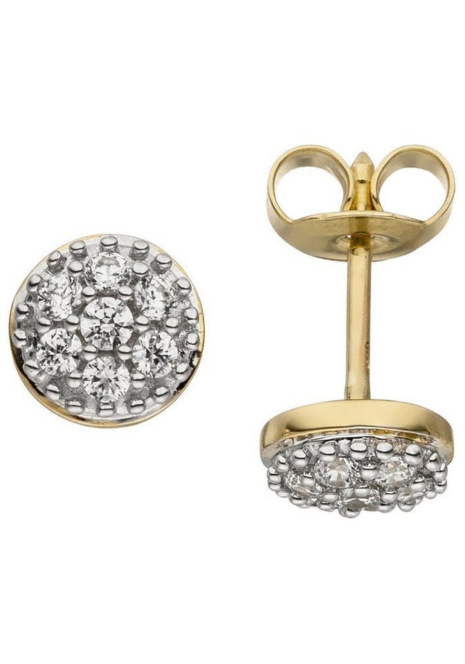 JOBO Paar Ohrstecker Ohrringe Goldohrringe rund 6 mm, 375 Gold bicolor mit 14 Zirkonia von JOBO