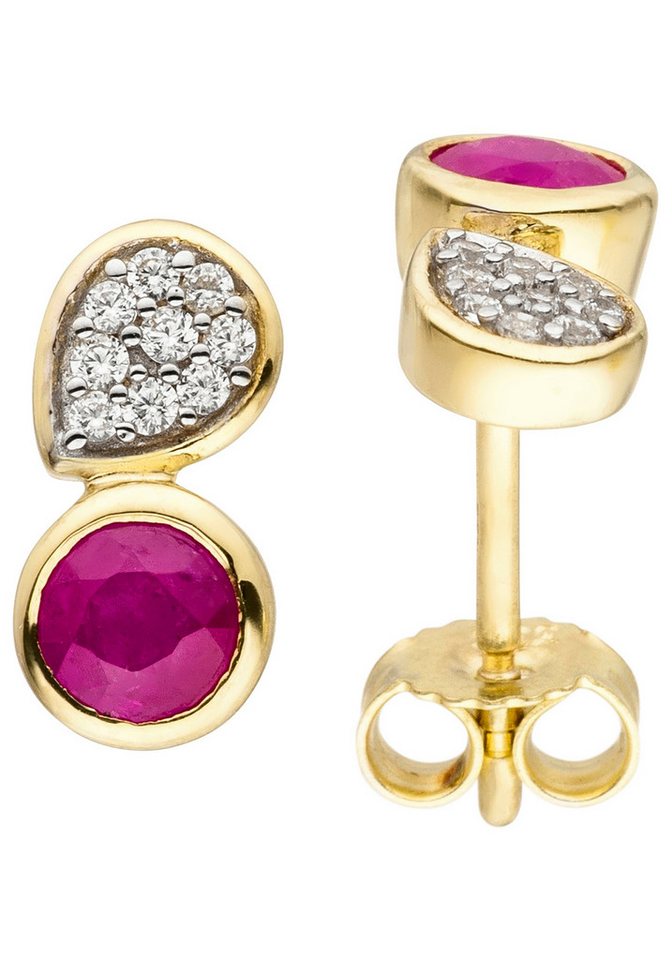JOBO Paar Ohrstecker Ohrringe Rubinohrringe 10 mm, 333 Gold mit Rubin und 18 Zirkonia von JOBO