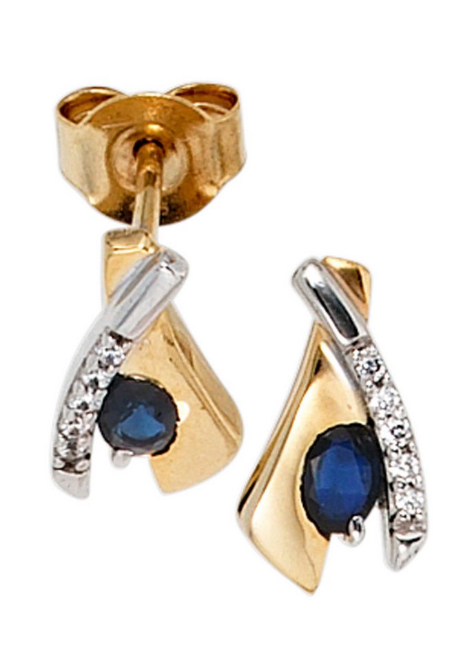 JOBO Paar Ohrstecker Ohrringe Saphirohrringe, 333 Gold mit Saphir und 10 Zirkonia von JOBO