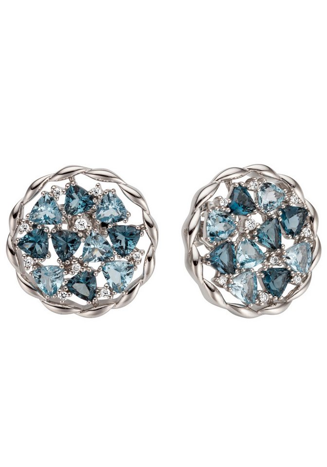 JOBO Paar Ohrstecker Ohrringe Weißgoldohrringe rund 17 mm, 585 Weißgold mit Blautopas und 18 Diamanten von JOBO