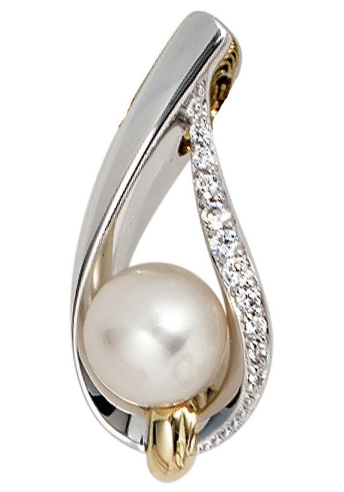 JOBO Perlenanhänger Anhänger Weißgoldanhänger Tropfen 24 mm, 14 Karat 585 Gold bicolor mit Perle und 10 Diamanten von JOBO