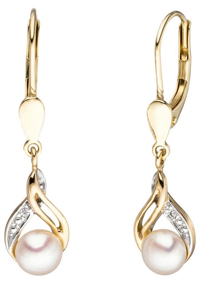 JOBO Perlenohrringe, 585 Gold mit 2 Diamanten und Süßwasser-Zuchtperlen JOBO Perlenohrringe, 585 Gold mit 2 Diamanten und Süßwasser-Zuchtperlen von JOBO