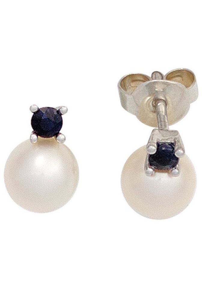 JOBO Perlenohrringe, 585 Weißgold mit Süßwasser-Zuchtperlen und Safir von JOBO