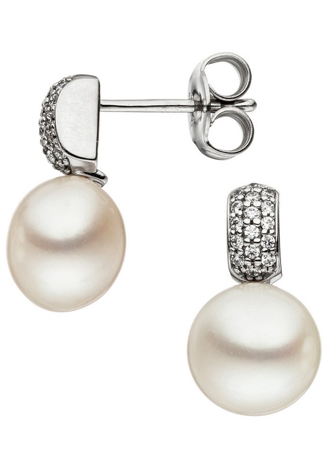 JOBO Perlenohrringe Ohrringe Weißgoldohrringe 14 mm, 333 Weißgold mit Perlen und 32 Zirkonia von JOBO
