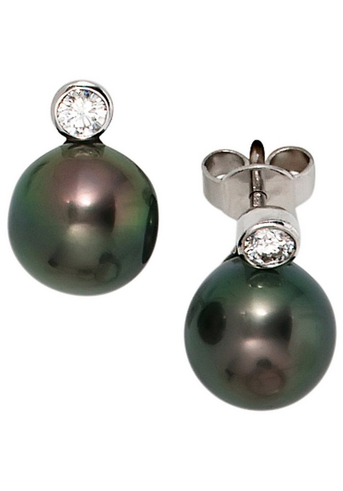 JOBO Perlenohrringe Ohstecker mit Perlen, 585 Weißgold Tahiti-Zuchtperlen 2 Diamanten von JOBO