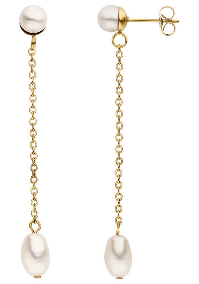 JOBO Perlenohrringe lang mit Kette, Edelstahl goldfarben mit 4 Perlen von JOBO