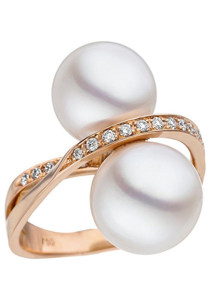 JOBO Perlenring Ring Roségoldring, 750 Roségold mit 2 Perlen und 24 Diamanten von JOBO