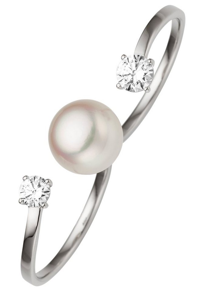 JOBO Perlenring Ring Zweifingerring, 333 Weißgold mit Perle und 2 Zirkonia von JOBO
