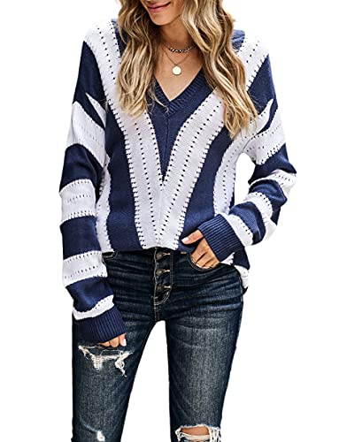 JOCAFIYE DameLangarm Strickpullover Klassische V-Ausschnitt Causal Langarmshirt Elegant Gestreift Pulli Outwear Sweater Knit Tops Blue L von JOCAFIYE