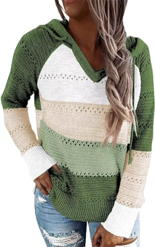 JOCAFIYE Damen Color Block Lace Triple Hoodies Streifen Pullover Langarm Tops Green M von JOCAFIYE