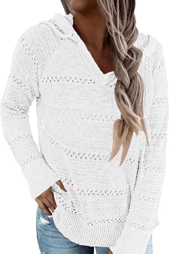 JOCAFIYE Damen Strickpullover Pullover Hohl Design Hoodie Lässiger Kapuzenpullover Strickpullover mit Kordelzug J White XXL von JOCAFIYE