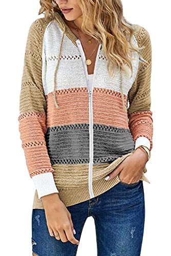 JOCAFIYE Damen Farbblock Kapuzen Pullover Casual Hoodie Entspannt Sweatshirt mit Kapuze Hoodie Gestreift Langarm Pullover KSKhaki XL von JOCAFIYE