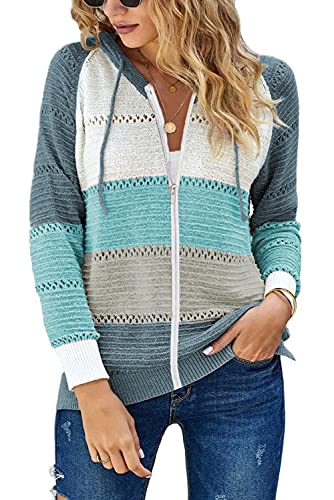 JOCAFIYE Damen Farbblock Langarm Pullover Strickpullover V-Auschnitt Gestreift Hoodie Pulli Herbst Hooded Pullover Oberteile KSBlue M von JOCAFIYE